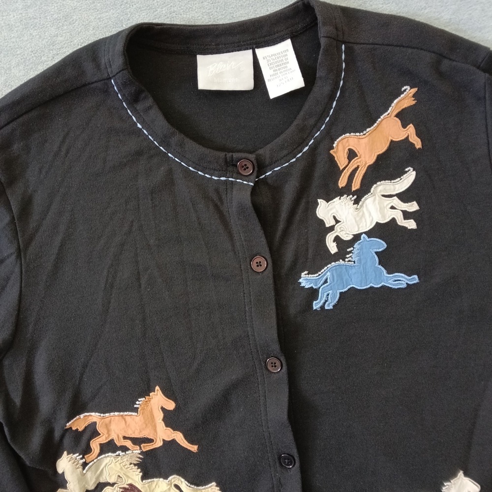 Blair Womens XL Black Horse Applique Beaded Button Front Cardigan Top 3253411
